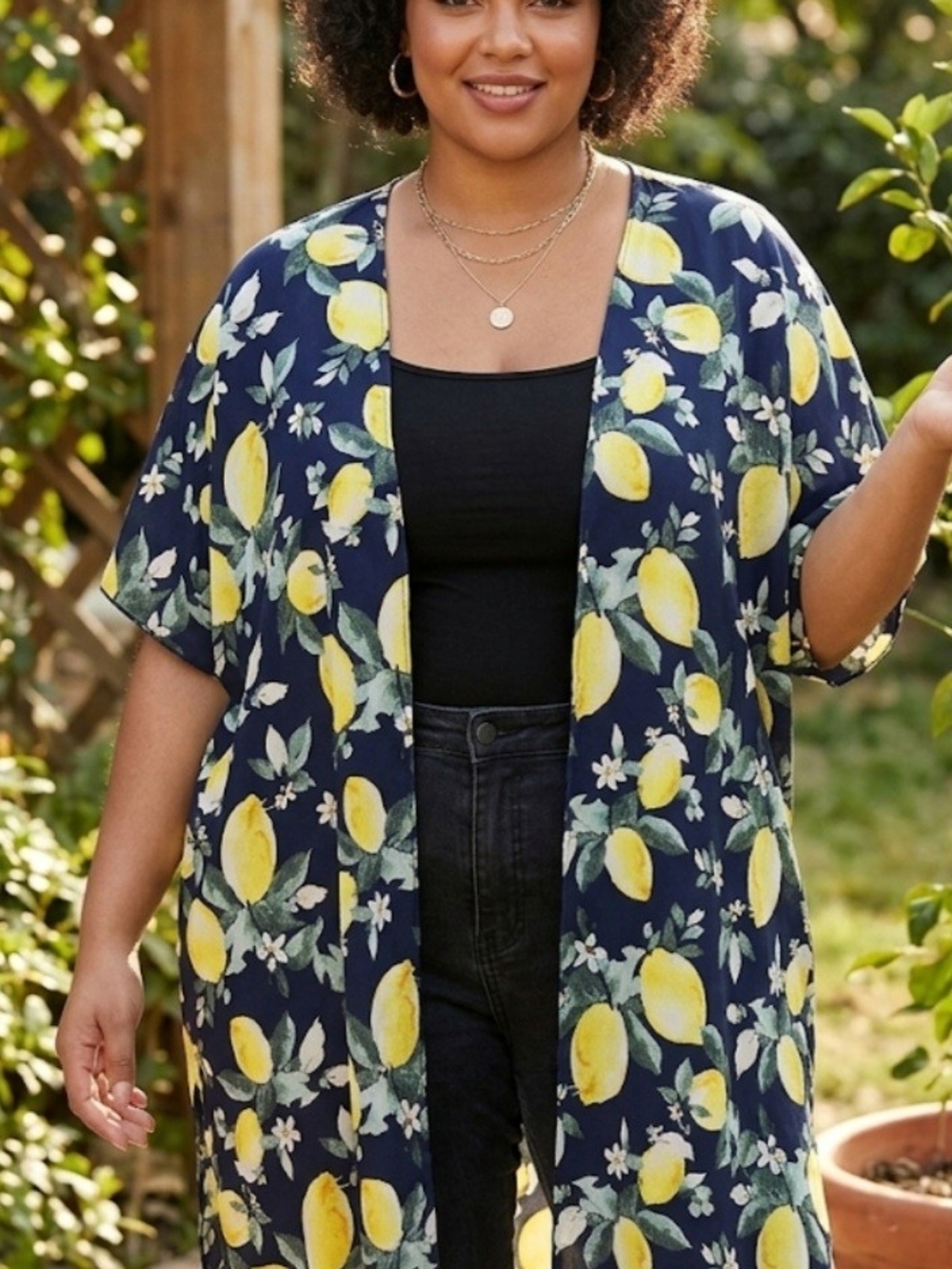 2X Navy Lemon Print Kimono - Picture 1 of 4